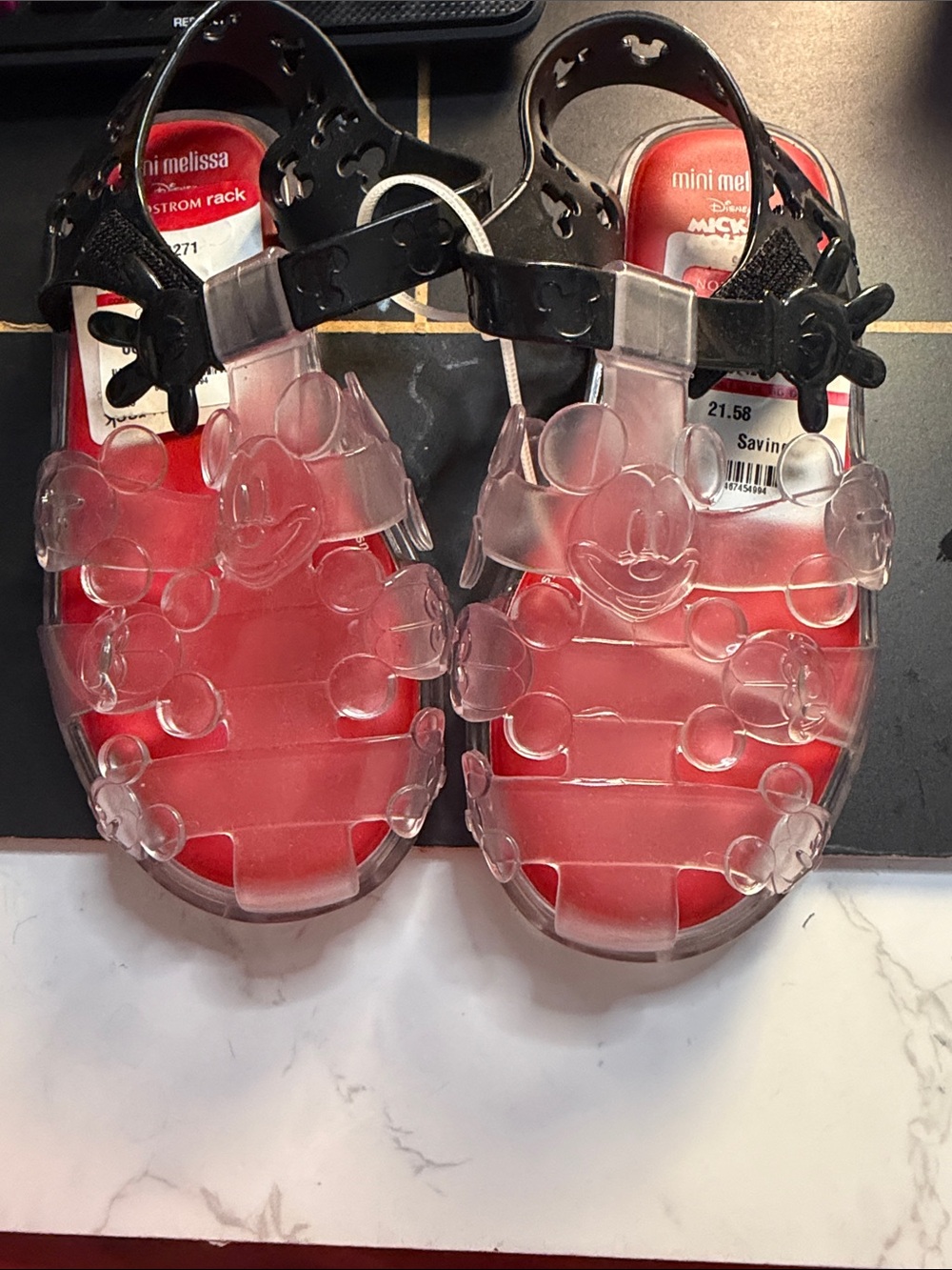 Mini Melissa Clear Mickey Jelly Sandals with Red Footbed and Black Ankle Straps